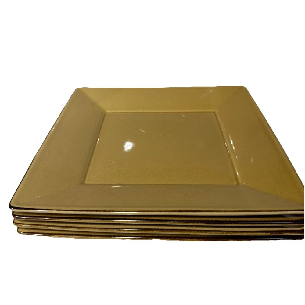 POTTERY BARN  set of 4‎ Mustard Yellow Gold 10.5in ASIAN SQUARE PLATES Japan